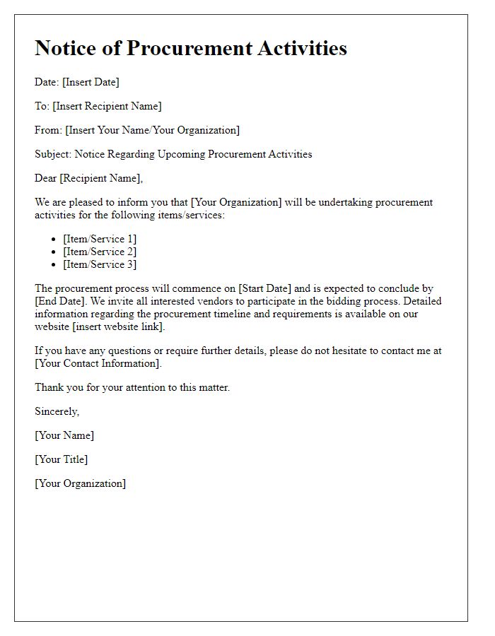 Letter template of notice regarding procurement activities