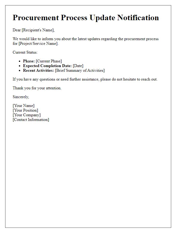 Letter template of procurement process update notification