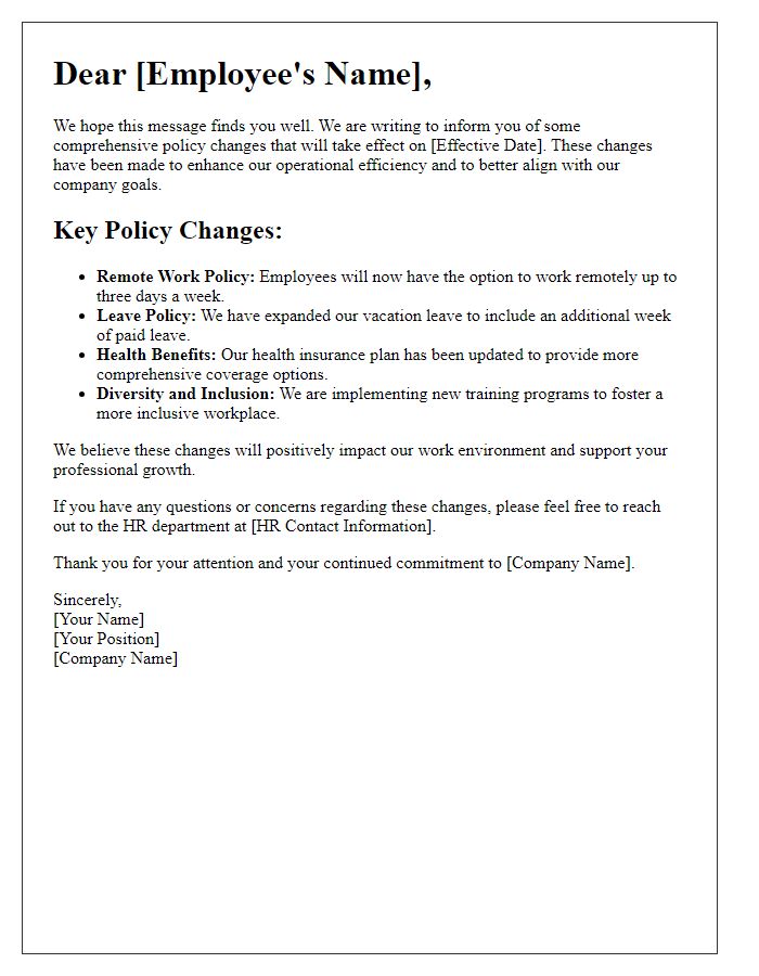 Letter template of comprehensive policy changes for employees