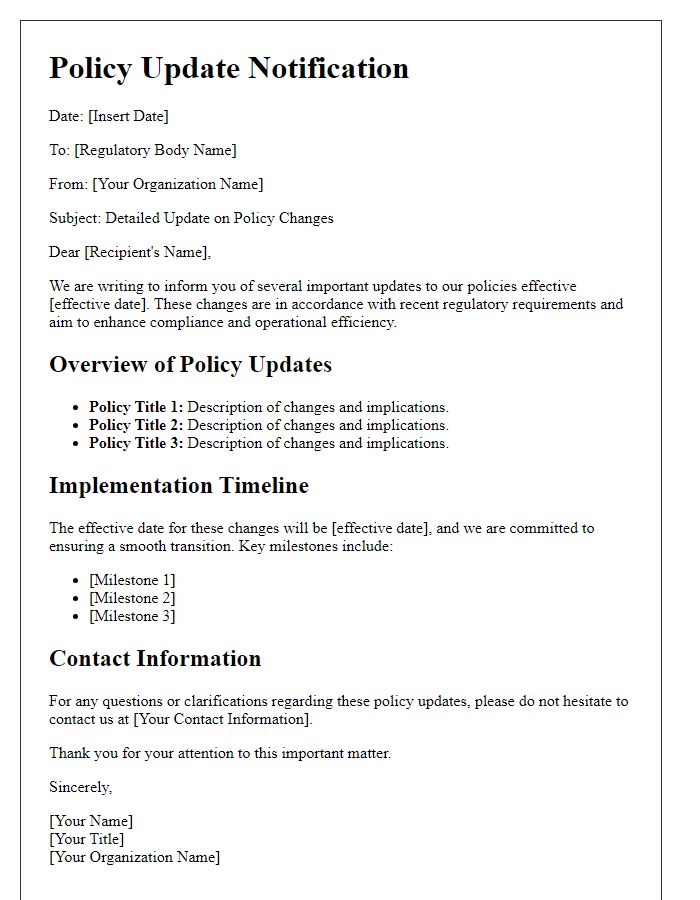 Letter template of detailed policy update for regulatory bodies