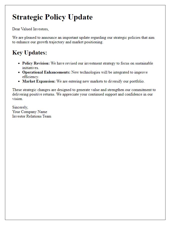 Letter template of strategic policy update for investors