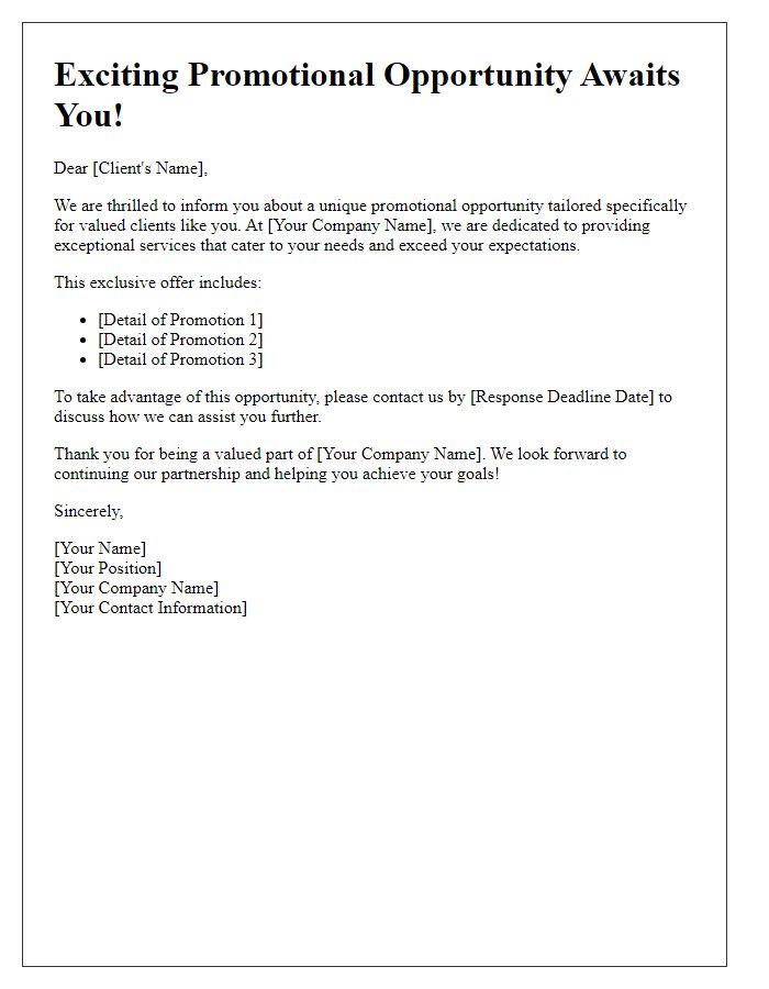 Letter template of promotional opportunity notification for prospective clients.