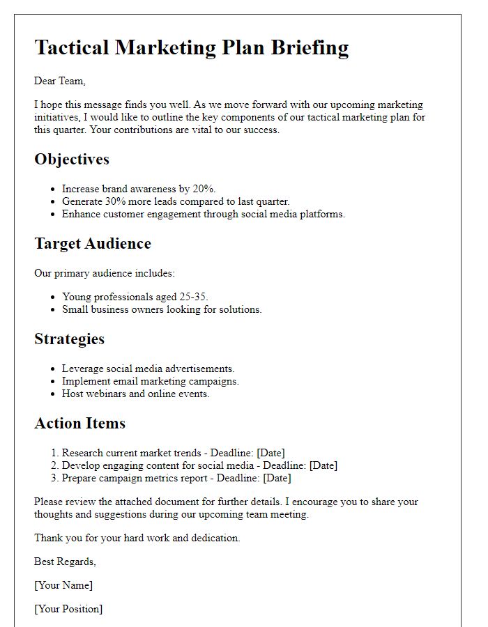 Letter template of tactical marketing plan briefing for team members.