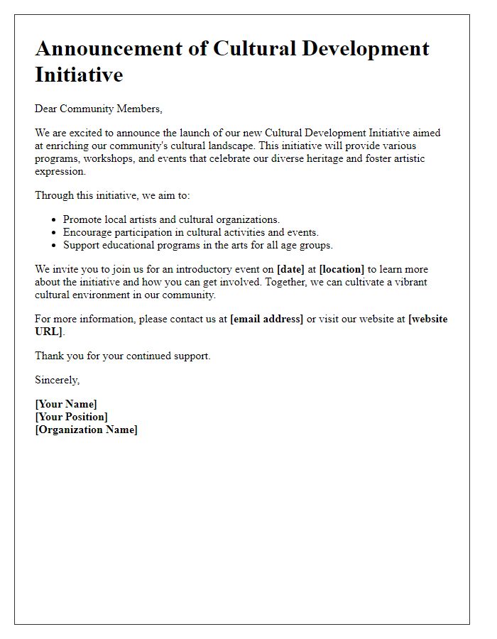 Letter template of announcement for cultural development initiative