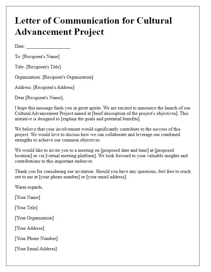 Letter template of communication for cultural advancement project