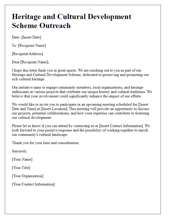 Letter template of outreach for heritage and cultural development scheme