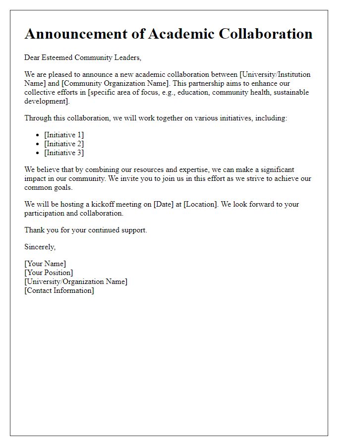 Letter template of academic collaboration announcement for community leaders