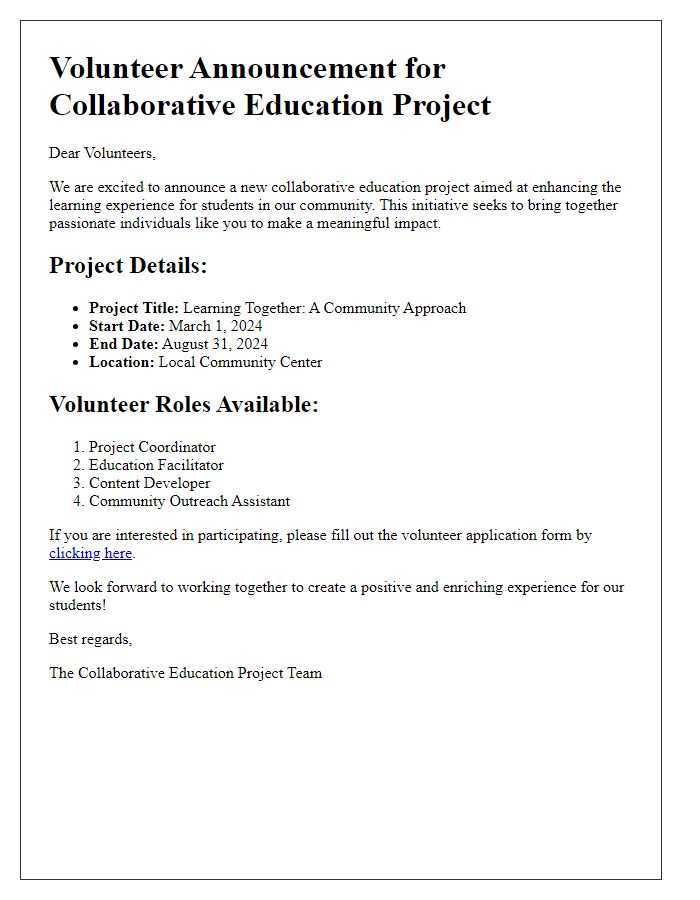 Letter template of collaborative education project announcement for volunteers