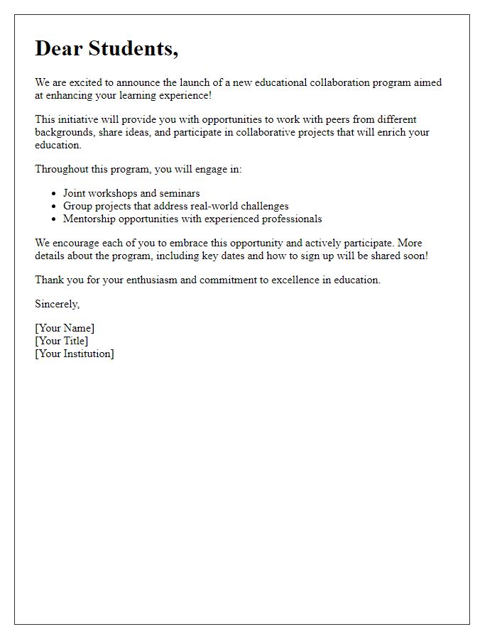 Letter template of educational collaboration launch for students