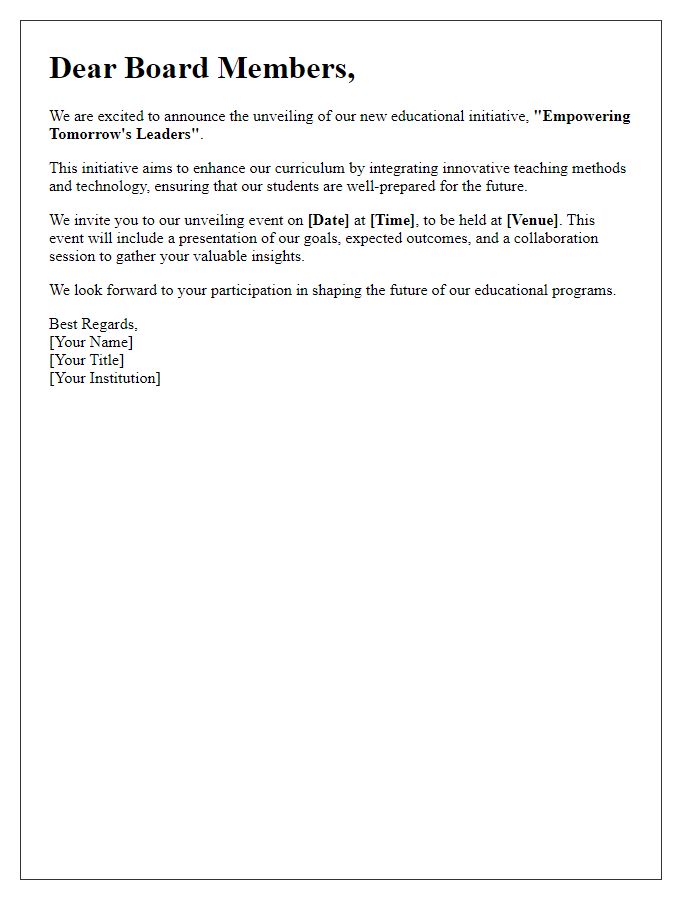 Letter template of educational initiative unveiling for board members