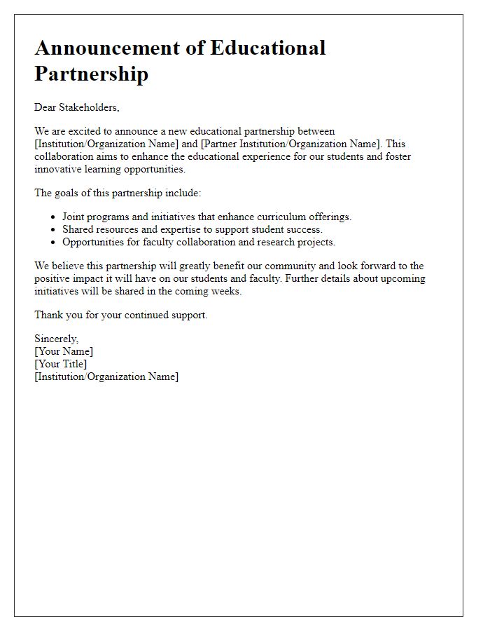 Letter template of educational partnership announcement for stakeholders