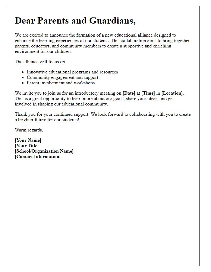 Letter template of new educational alliance introduction for parents