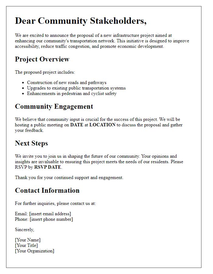 Letter template of infrastructure project proposal announcement for community stakeholders.