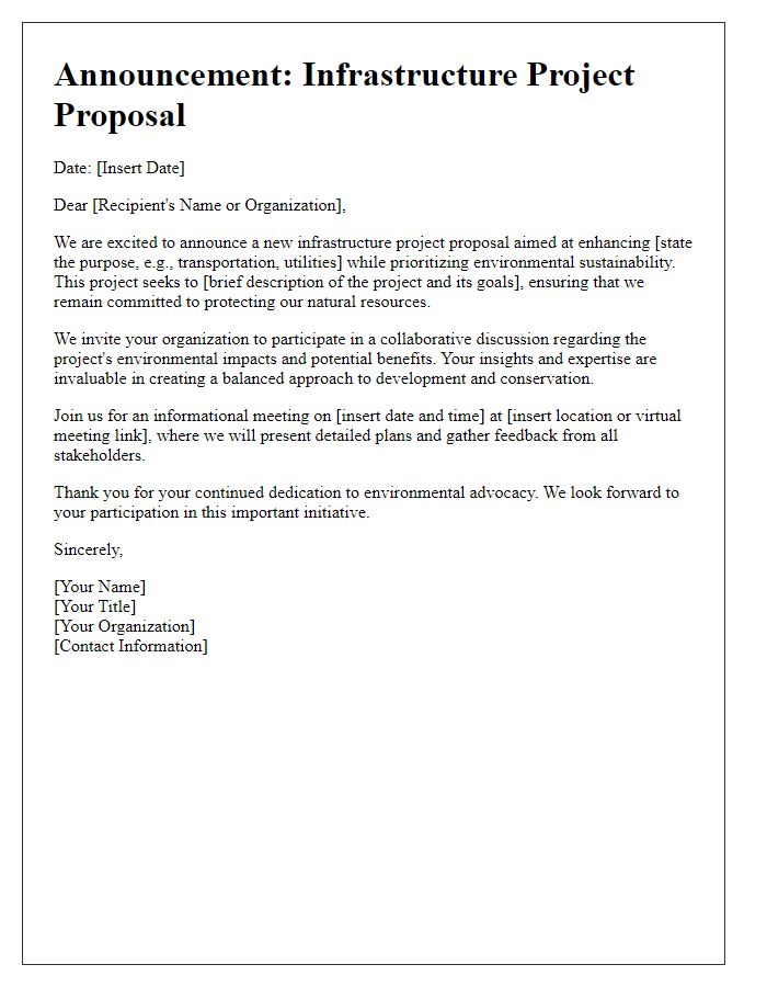 Letter template of infrastructure project proposal announcement for environmental organizations.