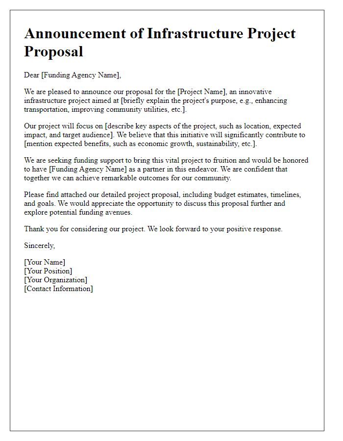 Letter template of infrastructure project proposal announcement for funding agencies.