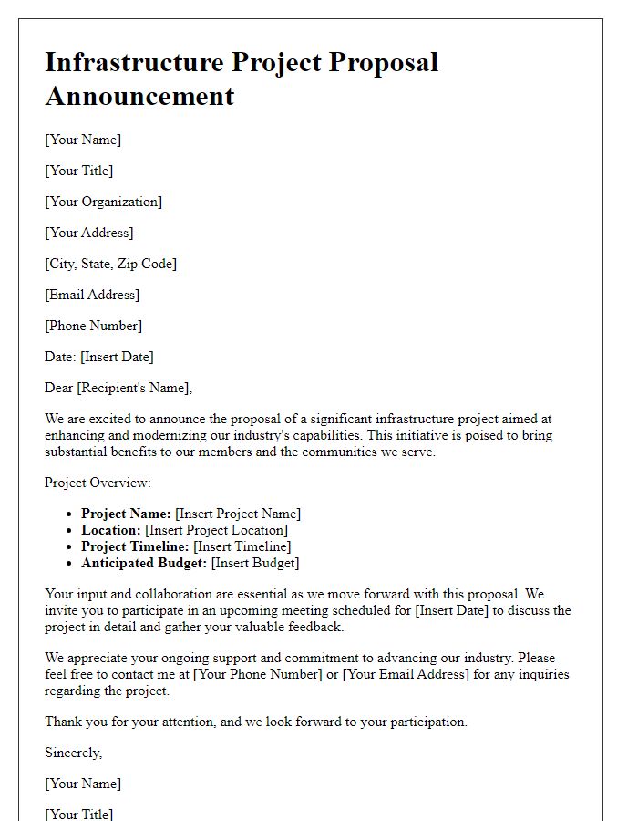 Letter template of infrastructure project proposal announcement for industry associations.