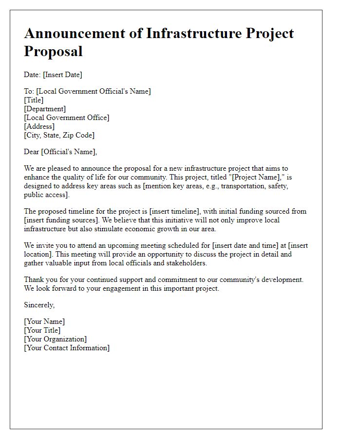 Letter template of infrastructure project proposal announcement for local government officials.