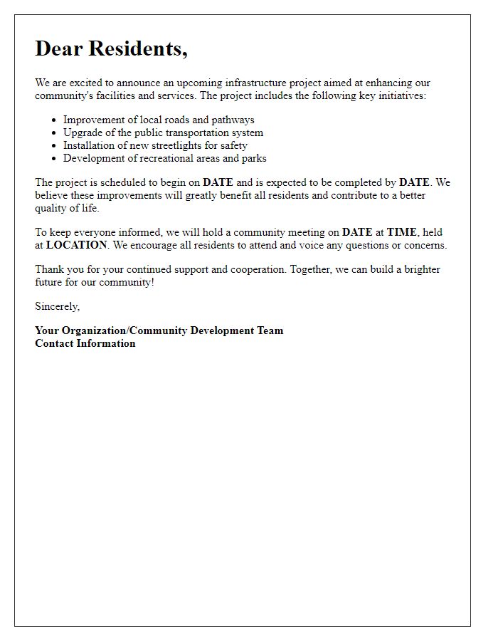 Letter template of infrastructure project proposal announcement for residents.