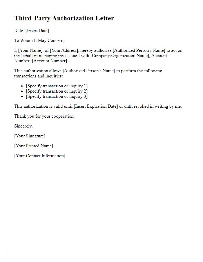 Letter template of third-party authorization for account management