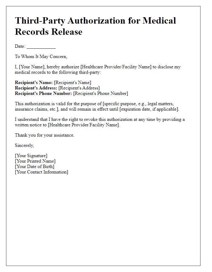 Letter template of third-party authorization for medical records release