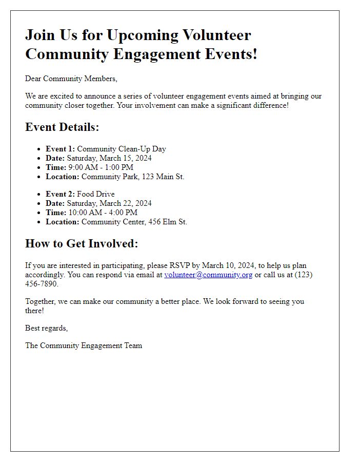 Letter template of announcement for upcoming volunteer community engagement events