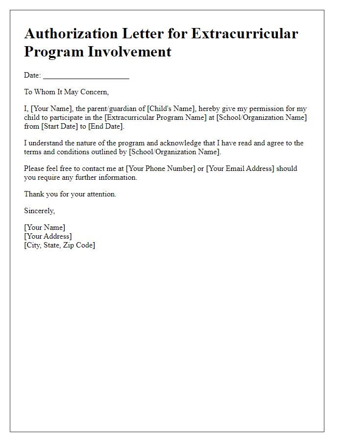 Letter template of authorization for extracurricular program involvement.