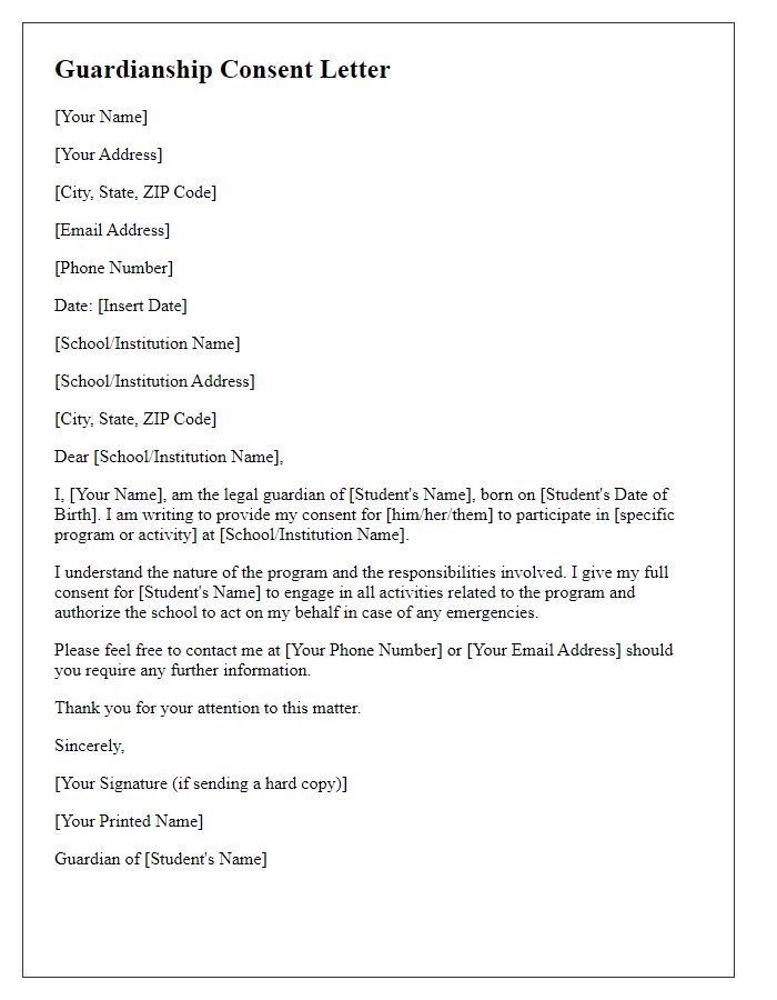 Letter template of guardianship consent for educational applications.