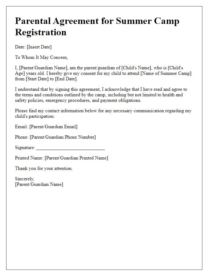 Letter template of parental agreement for summer camp registration.