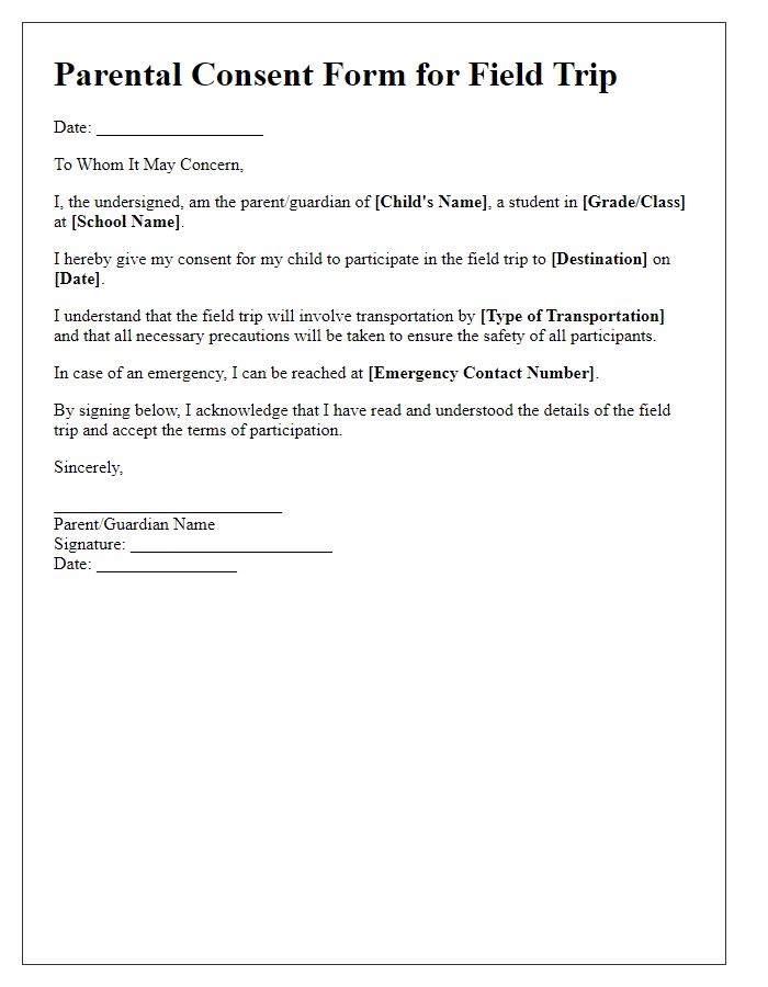 Letter template of parental consent for field trip participation.