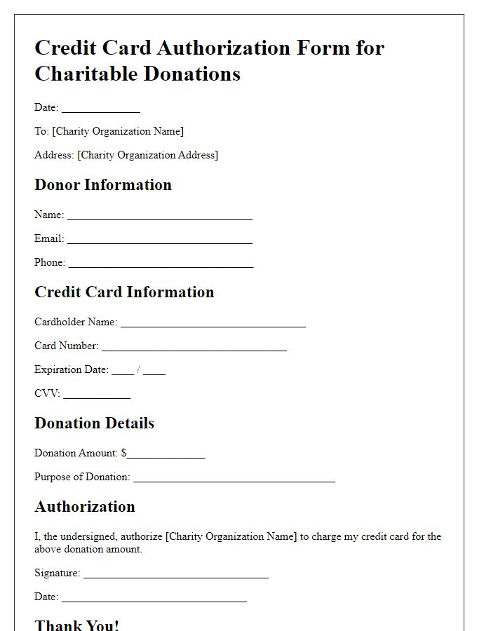 Letter template of credit card authorization for charitable donations.