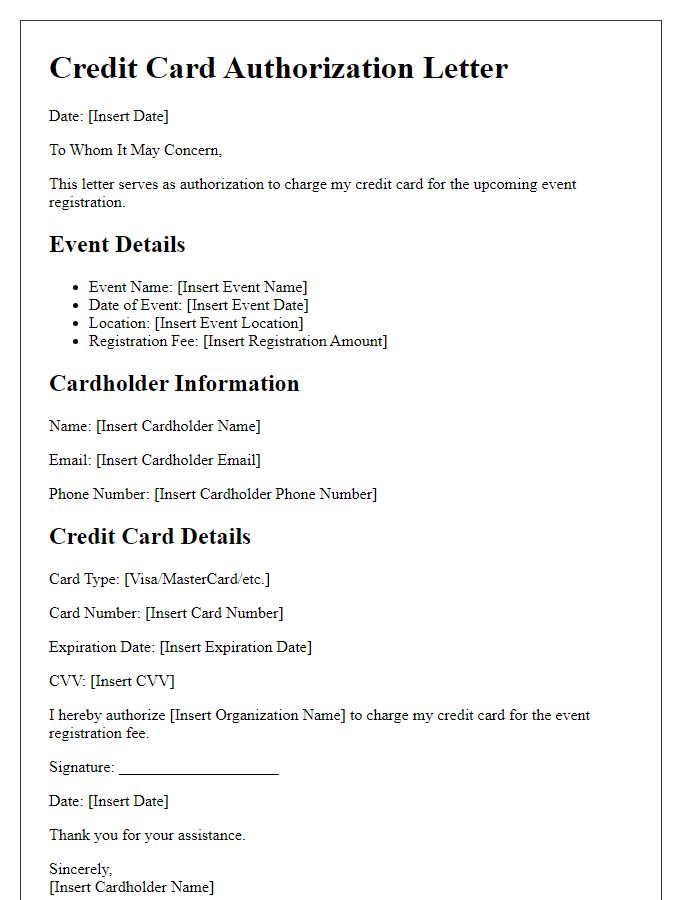 Letter template of credit card authorization for event registration.