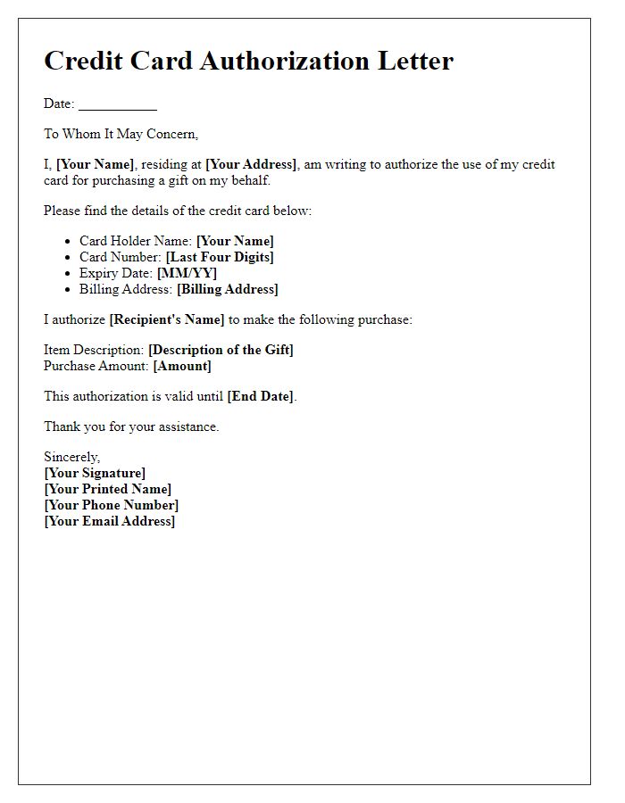 Letter template of credit card authorization for gift purchases.