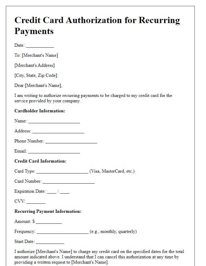 Letter template of credit card authorization for recurring payments.