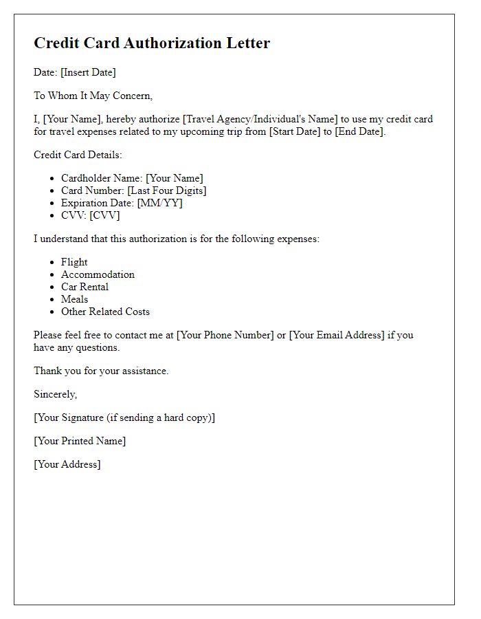 Letter template of credit card authorization for travel expenses.