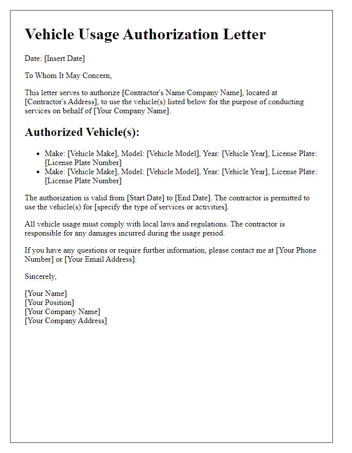 Letter template of vehicle usage authorization for contractor services