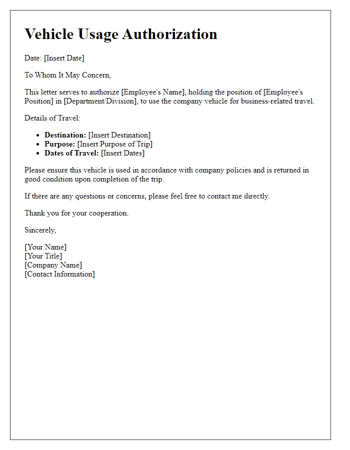 Letter template of vehicle usage authorization for employee business trips