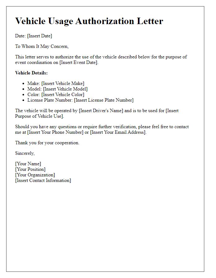 Letter template of vehicle usage authorization for event coordination