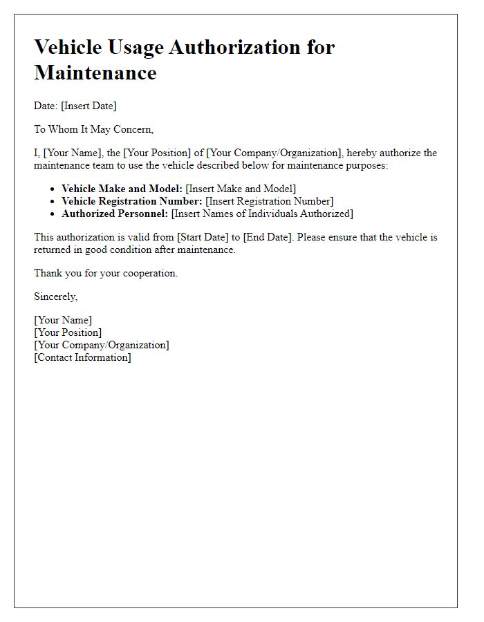 Letter template of vehicle usage authorization for maintenance purposes