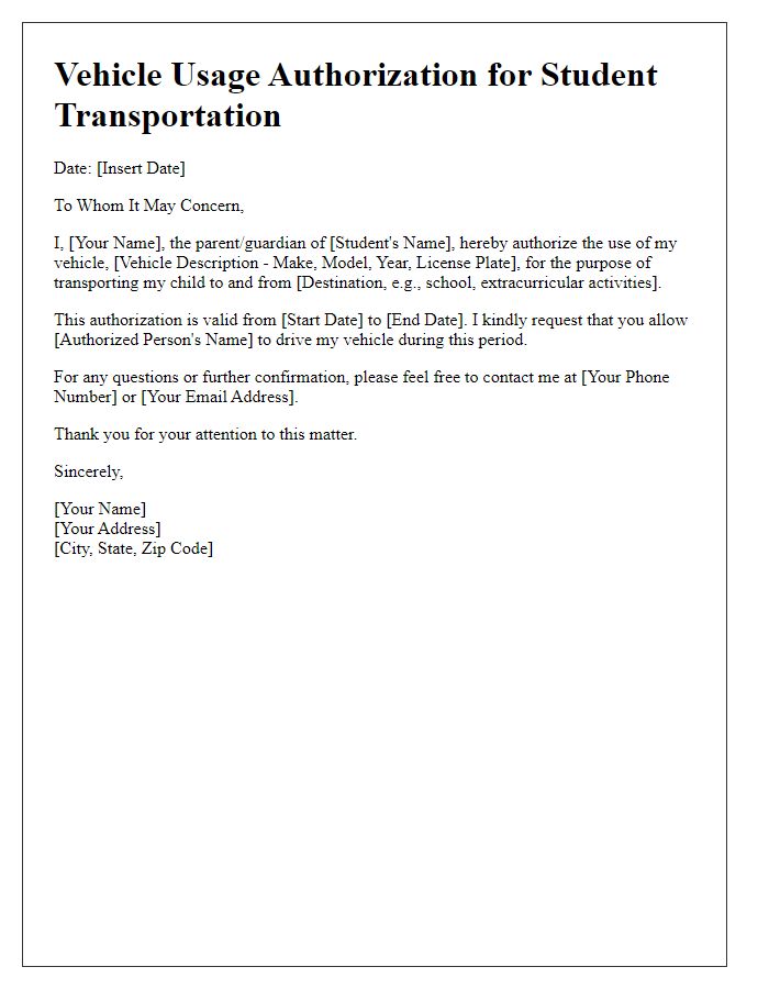 Letter template of vehicle usage authorization for student transportation