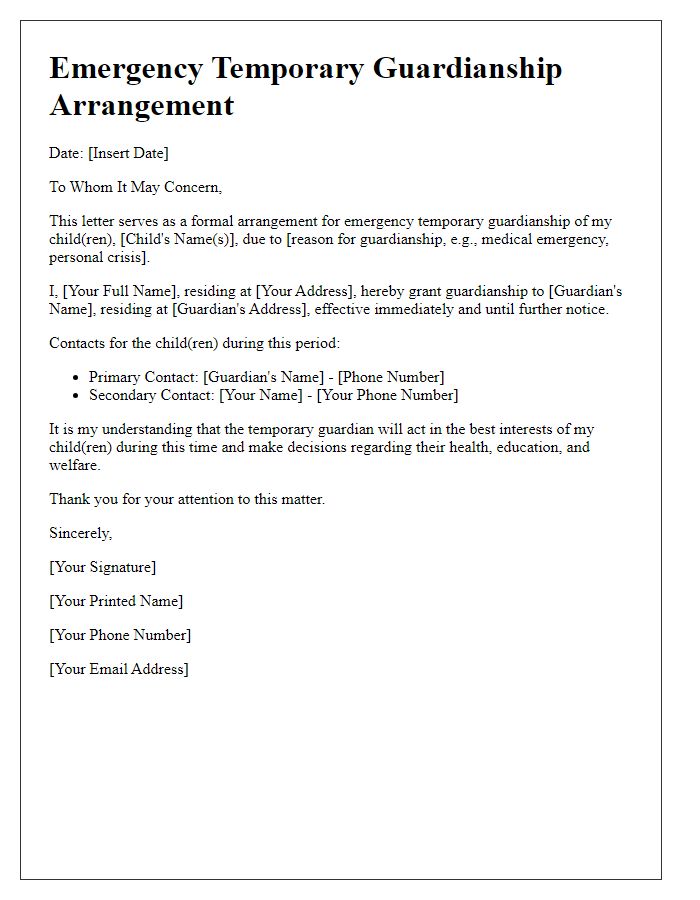 Letter template of emergency temporary guardianship arrangement