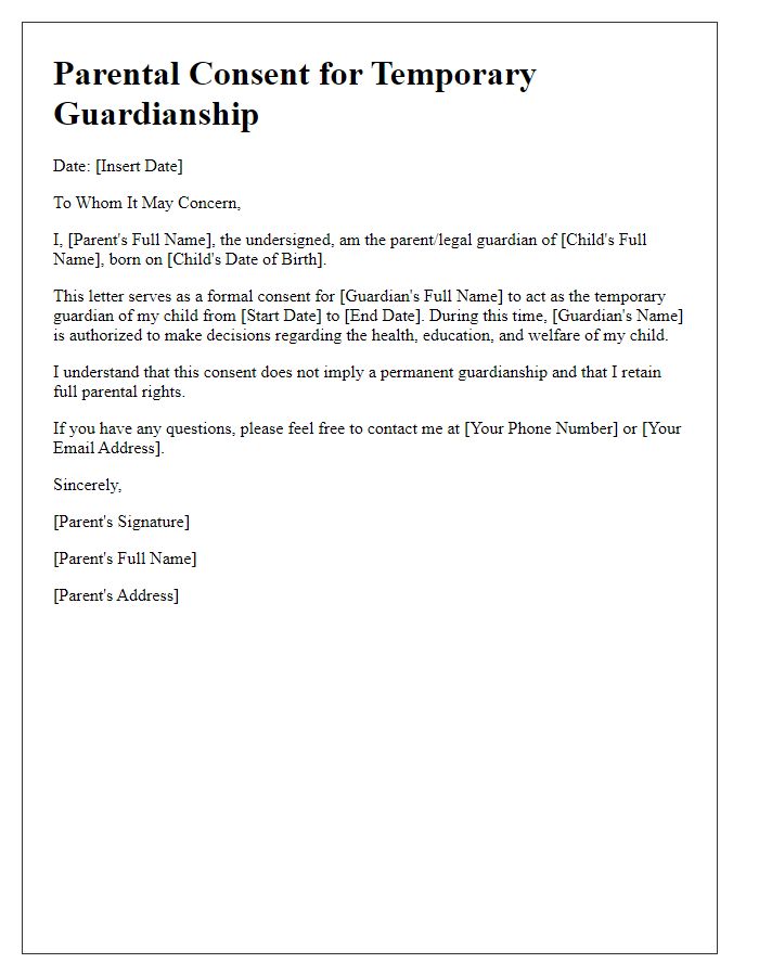 Letter template of parental consent for temporary guardianship