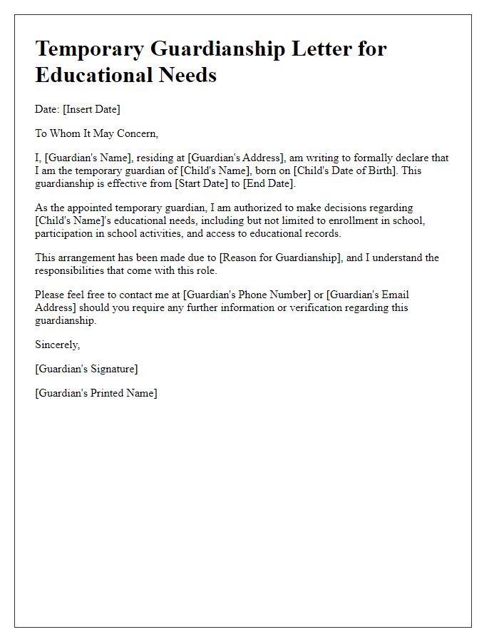 Letter template of temporary guardianship for educational needs