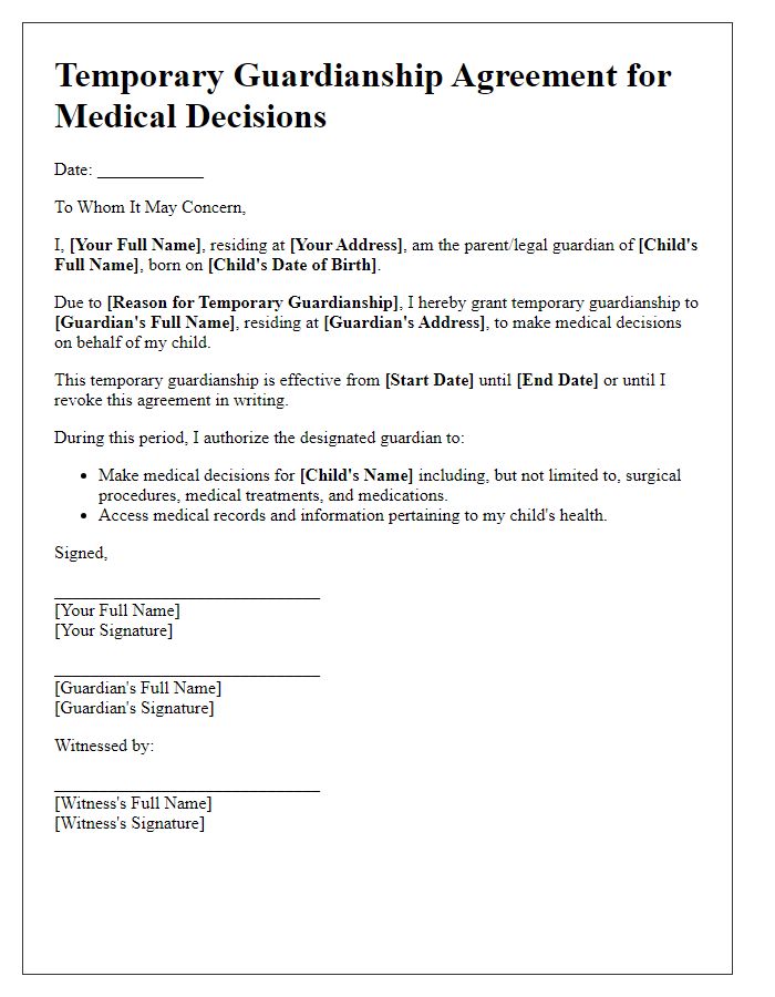 Letter template of temporary guardianship for medical decisions