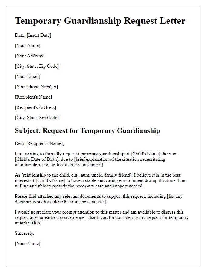 Letter template of temporary guardianship request