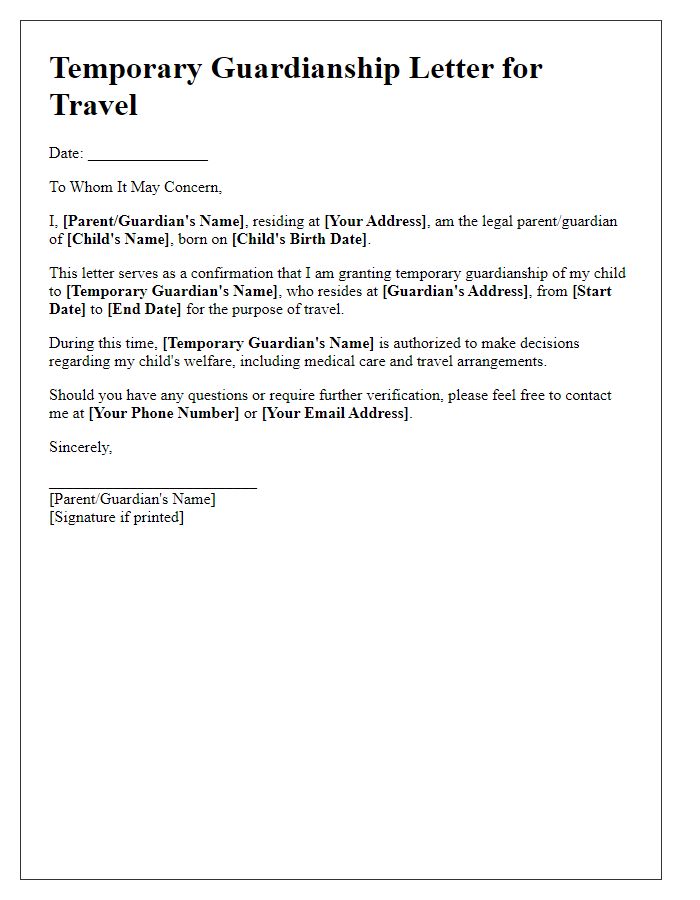 Letter template of temporary guardianship for travel purposes