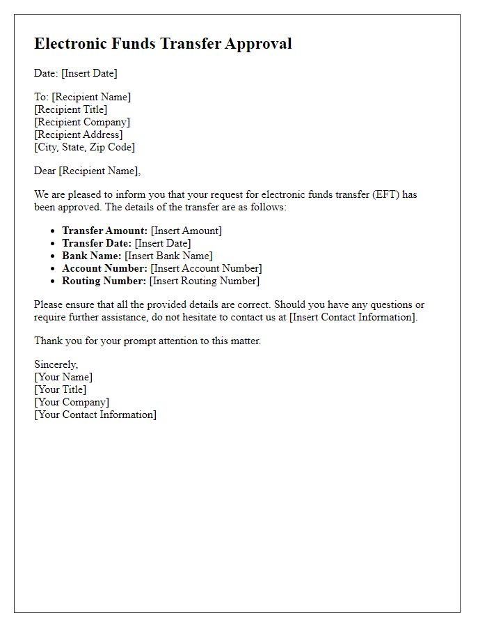 Letter template of electronic funds transfer approval.