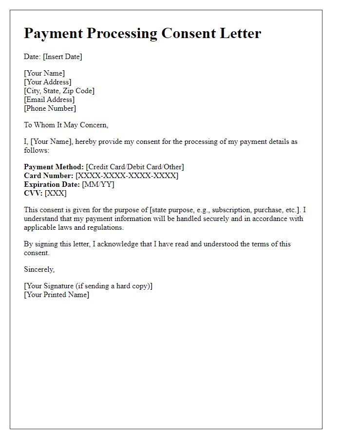 Letter template of payment processing consent.