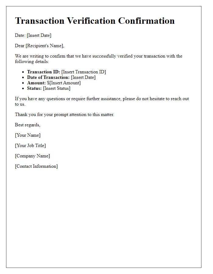 Letter template of transaction verification confirmation.
