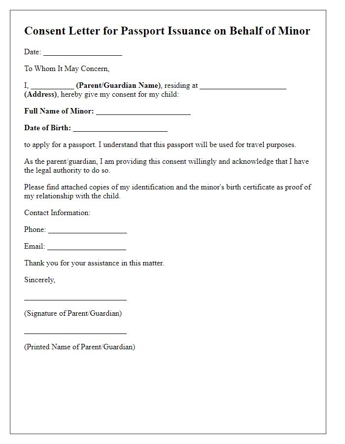 Letter template of consent for passport issuance on behalf of minor