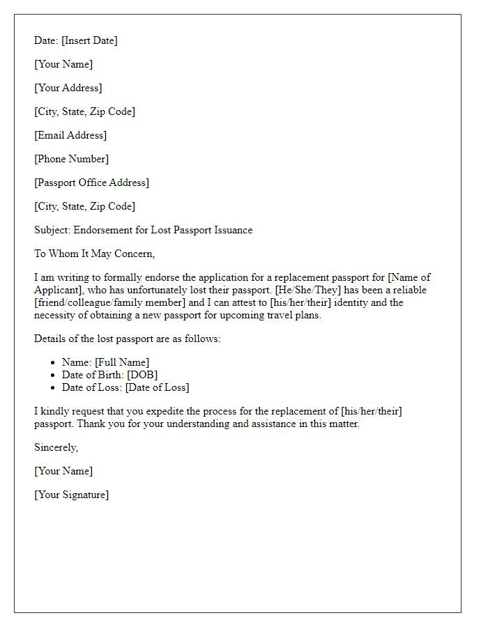 Letter template of endorsement for lost passport issuance